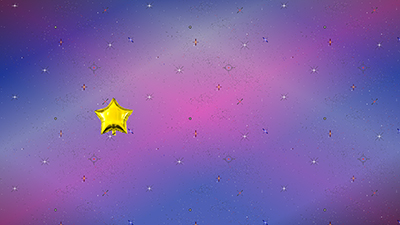 Screenshot of a website with a pink blue and black gradient background and a gold mylar star balloon in the foreground